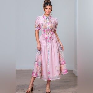 Floral Button Front Midi Dress with Crystal Belt - A. Peach